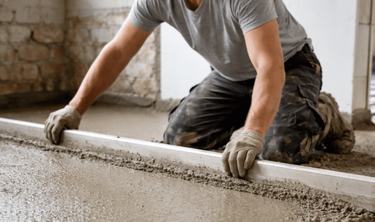 Handwerker beim Verteilen von Zementestrich im Neubau – Beispiel für verschiedene Estrich Arten im Bodenaufbau