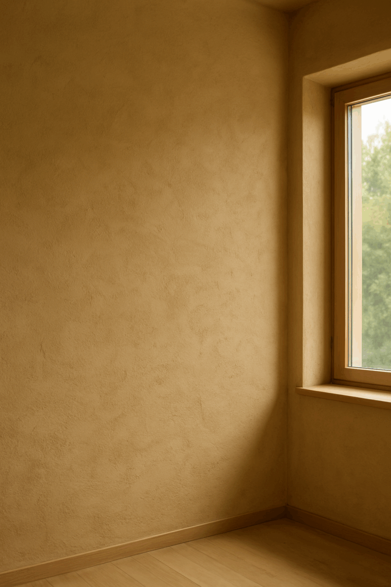 Lehmputz auf einer Wand, frisch aufgetragen, zeigt natürliche Struktur und warme Farbgebung