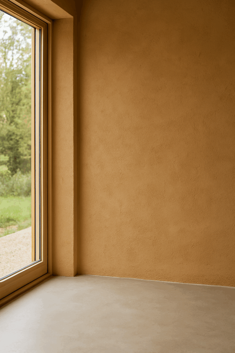 Minimalistische Innenwand mit Lehmputz und bodentiefem Fenster in einem modernen, natürlichen Wohnraum.