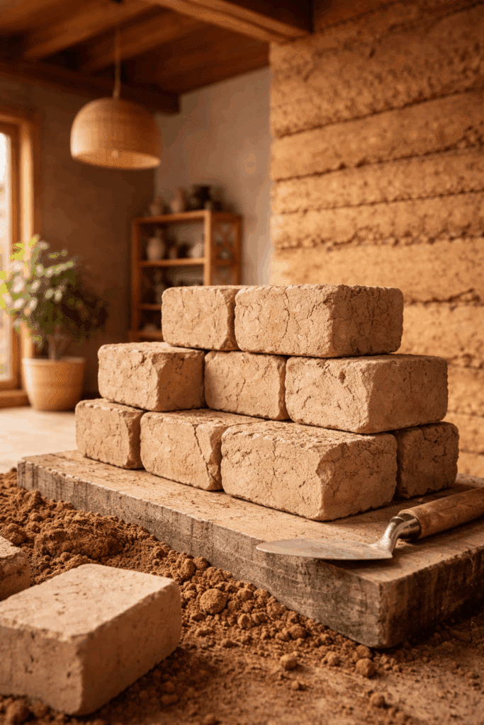 „Nahaufnahme von gestapelten handgeformten Lehmsteinen vor einer teilweise gebauten Stampflehmwand, natürliche Erdtöne und Struktur sichtbar, Beispiel für nachhaltigen Lehmbau oder Lehm als Baustoff.“