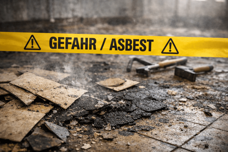 Aufgebrochener alter PVC-Boden mit schwarzem Kleber, gelbes Warnband „GEFAHR / ASBEST“, Werkzeuge im Hintergrund, Staub in der Luft – Symbol für Asbestrisiko beim Bodenausbau.