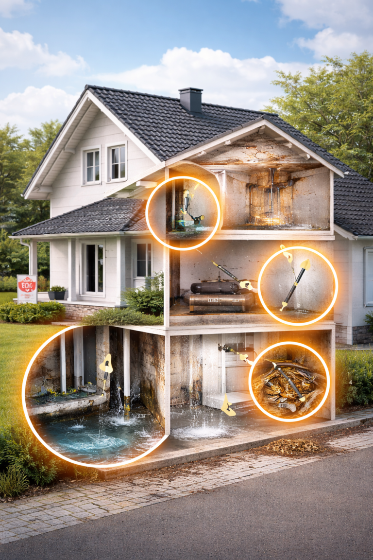 Haus mit halbtransparenten Einblicken, die versteckte Mängel wie Schimmel im Keller, Risse in Wänden, Wasserschäden und Holzschädlinge im Dachgeschoss zeigen.